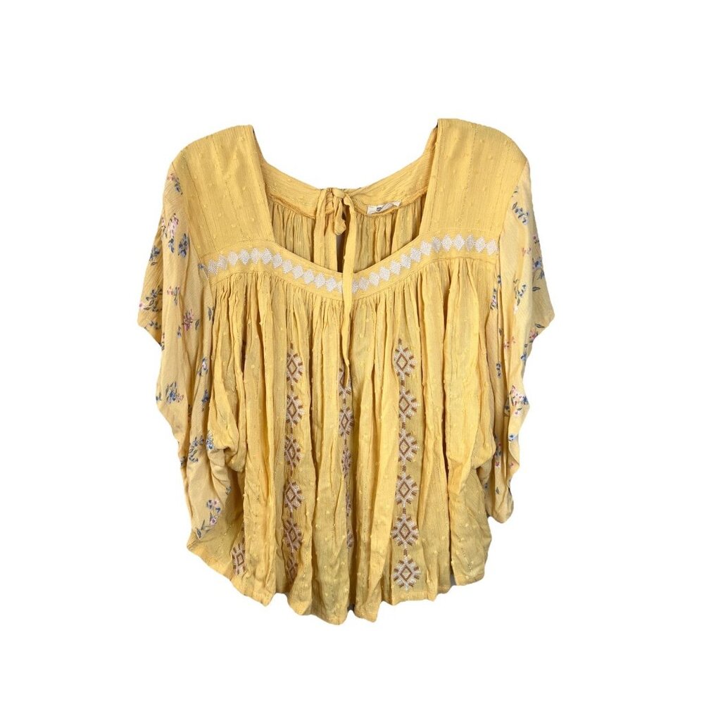 Miss Me Sunshine Yellow Floral Embroidered Loose Flowey Short Sleeve Boho Blouse